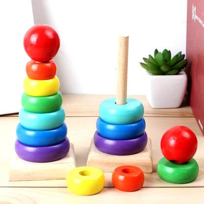 Baby Rainbow Tower Stacking Toys Montessori Wooden Colorful Stacking Puzzle Ring Early Educational Teaching Aids Baby Toys Gifts