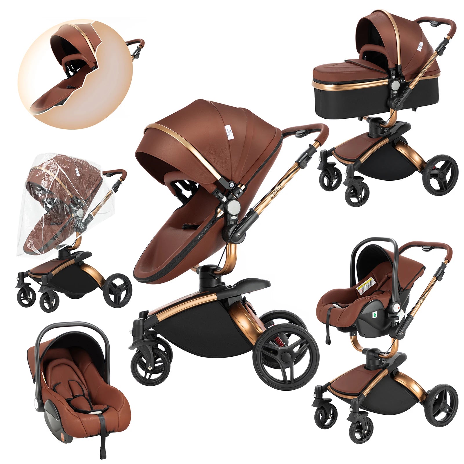 3 in 1 Stroller Baby Stroller Newborn Stroller High Quality Baby Carriage Senior Baby Portable Rubber Wheel PU Leather Parm