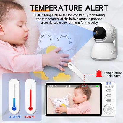 5" 720P HD IPS Screen Video Baby Monitor Pan Tilt 4X Zoom Camera Babysitter 2 Way Audio Night Vision 3500Mah Battery Lullaby VOX