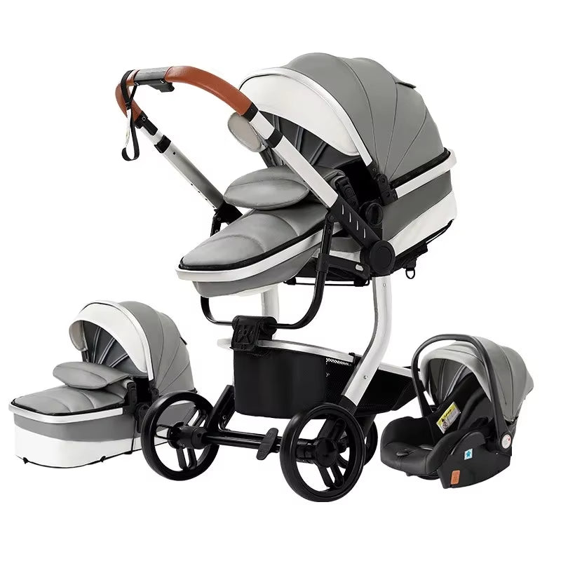 3 in 1 Stroller Baby Stroller Newborn Stroller High Quality Baby Carriage Senior Baby Portable Rubber Wheel PU Leather Parm