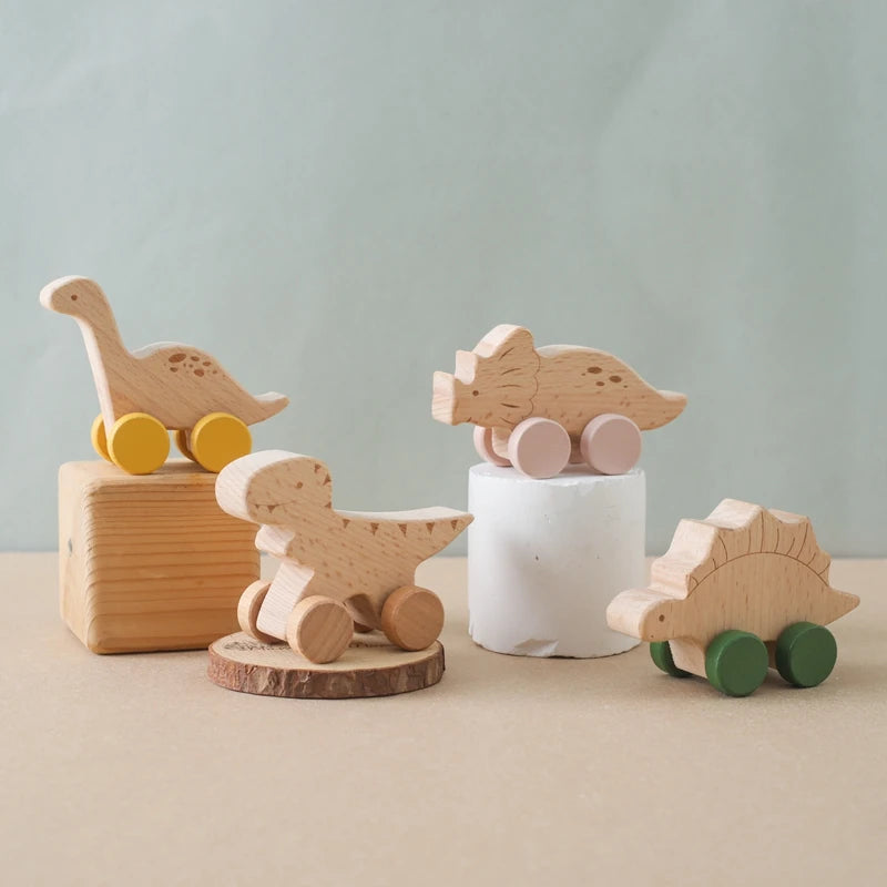 Wooden Baby Car Toys Beech Wooden Dinosaur Cartoon Car Teether Educational Montessori Toys for Children Teething Baby Toys