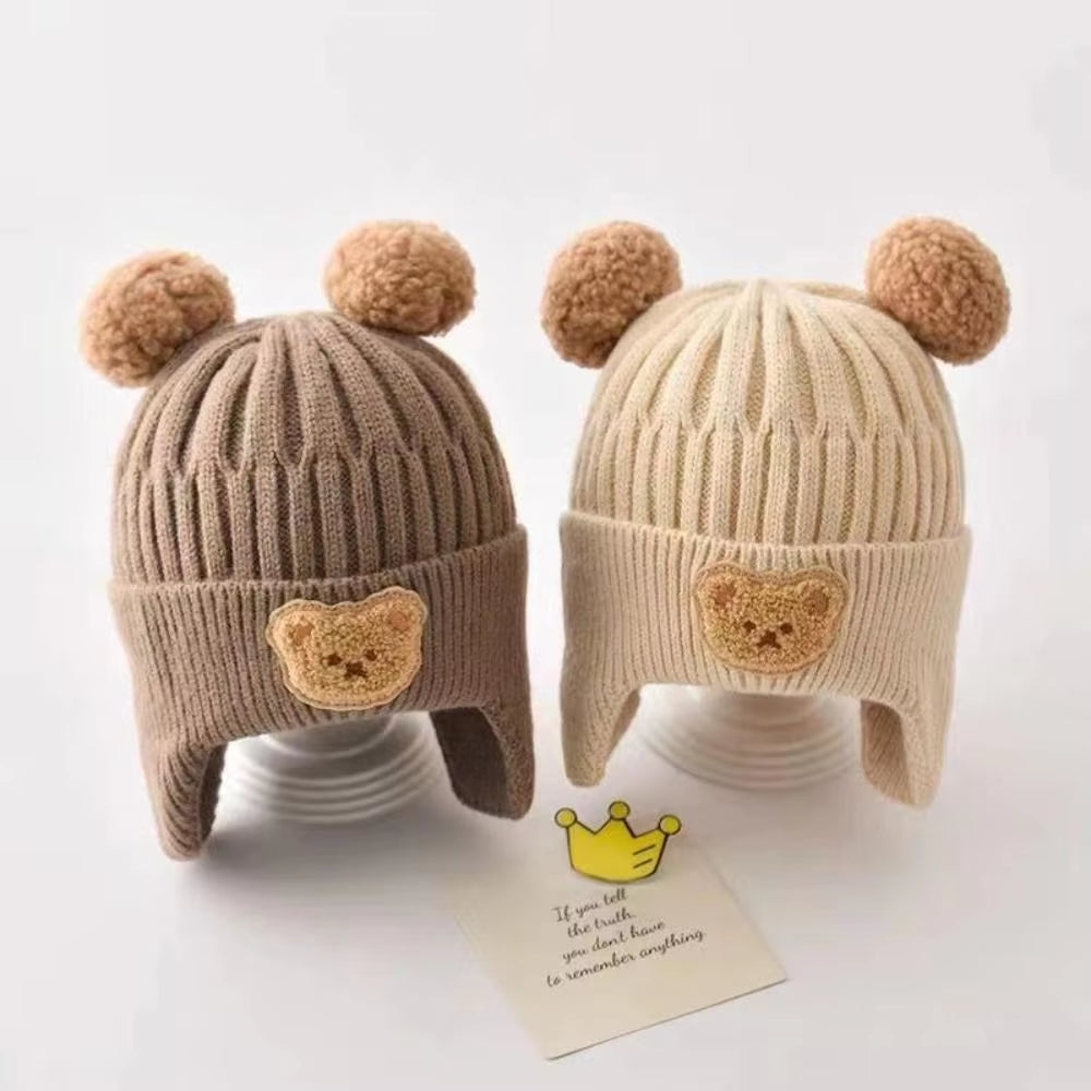 Winter Baby Beanie Cap Cartoon Bear Ear Protection Knitted Hat for Toddler Boys Girls Cute Korean Warm Kids Crochet Hats