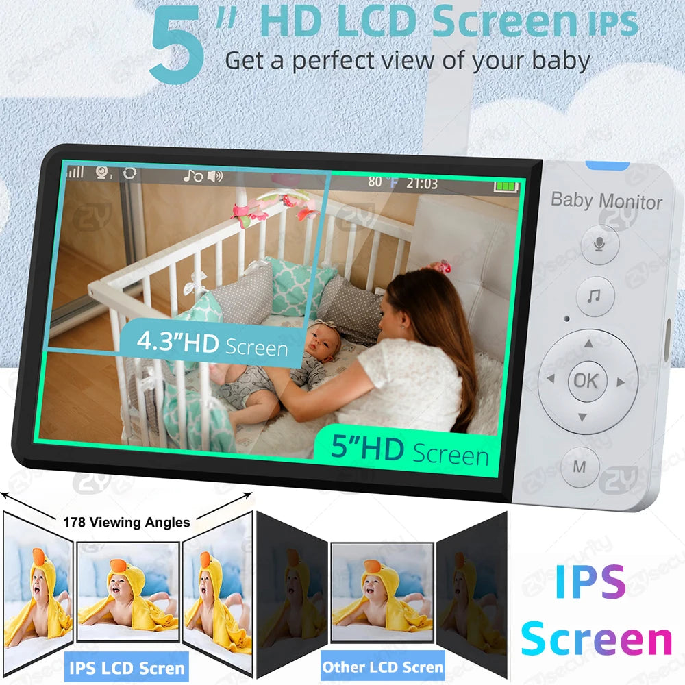 Video Baby Monitor with PTZ Nanny Camera 5"IPS Screen 5000Mah Battery Babyphone Night Vision 2-Way Audio Card Slot Babe Monitors