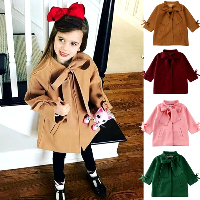 2-8 Years Toddler Winter Coats Kids Baby Girls Warm Wool Bowknot Trench Coat Overcoat Girls Kids Long Sleeve Outwear Girl Jacket