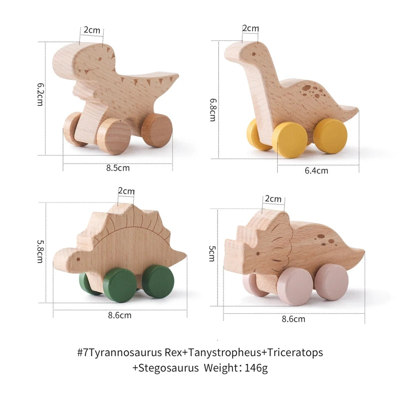 Wooden Baby Car Toys Beech Wooden Dinosaur Cartoon Car Teether Educational Montessori Toys for Children Teething Baby Toys