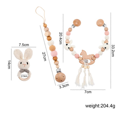 1Set Baby Toys Wood Pram Clip Crochet Elephant Dummy Soother Chain Clip Animal Teething Bracelet Crib Mobile Stroller Toys Gifts