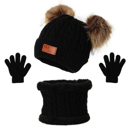 3 Pcs Winter Warm Baby Hat Gloves Scarf Set Thicken Solid Color Pompom Baby Bonnet Beanie Cap Boys Girls Mitten for 1-5Y Kids