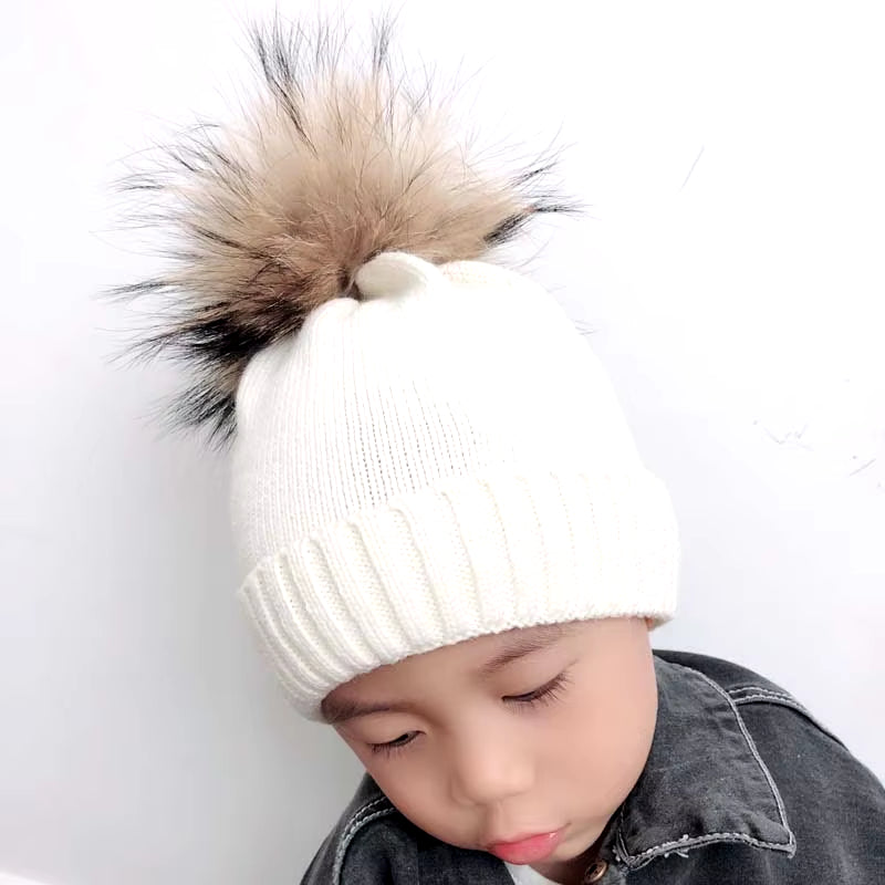 Baby Hat Soft Wool Beanie Real Fur Pompom Winter Hat for Children Girls Boys Warm Knitted Kids Hats New