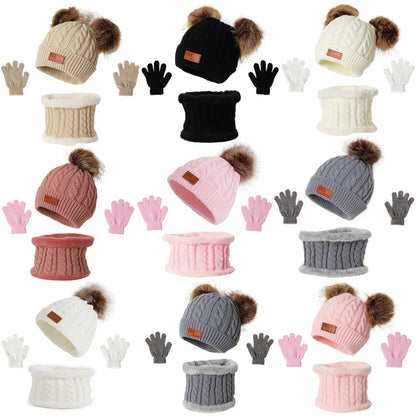 3 Pcs Winter Warm Baby Hat Gloves Scarf Set Thicken Solid Color Pompom Baby Bonnet Beanie Cap Boys Girls Mitten for 1-5Y Kids