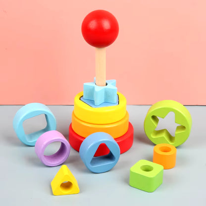 Baby Rainbow Tower Stacking Toys Montessori Wooden Colorful Stacking Puzzle Ring Early Educational Teaching Aids Baby Toys Gifts