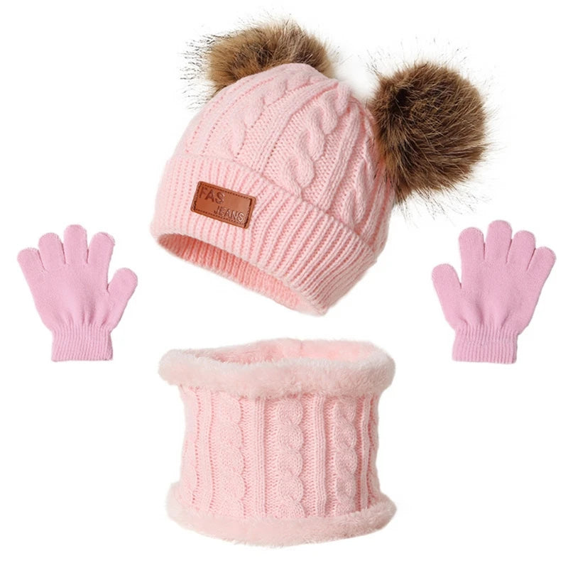 3 Pcs Winter Warm Baby Hat Gloves Scarf Set Thicken Solid Color Pompom Baby Bonnet Beanie Cap Boys Girls Mitten for 1-5Y Kids