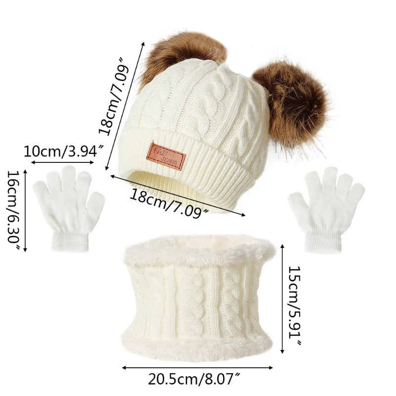 3 Pcs Winter Warm Baby Hat Gloves Scarf Set Thicken Solid Color Pompom Baby Bonnet Beanie Cap Boys Girls Mitten for 1-5Y Kids