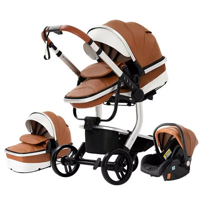 3 in 1 Stroller Baby Stroller Newborn Stroller High Quality Baby Carriage Senior Baby Portable Rubber Wheel PU Leather Parm