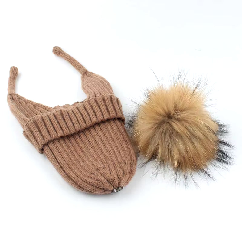 Kids Earflap Beanie Boy Girl Winter Wool Hat Real Fur Pompom Hat Warm Knitted Baby Hat Children Pompon Beanies Cap