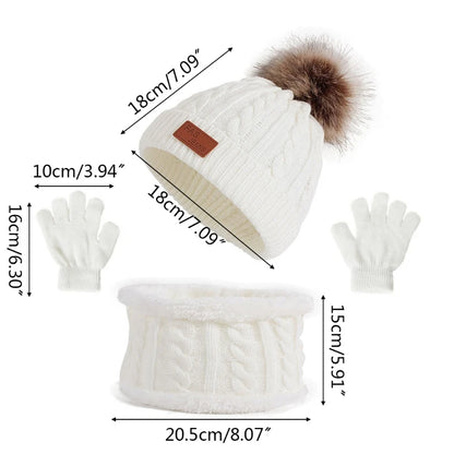 3 Pcs Winter Warm Baby Hat Gloves Scarf Set Thicken Solid Color Pompom Baby Bonnet Beanie Cap Boys Girls Mitten for 1-5Y Kids