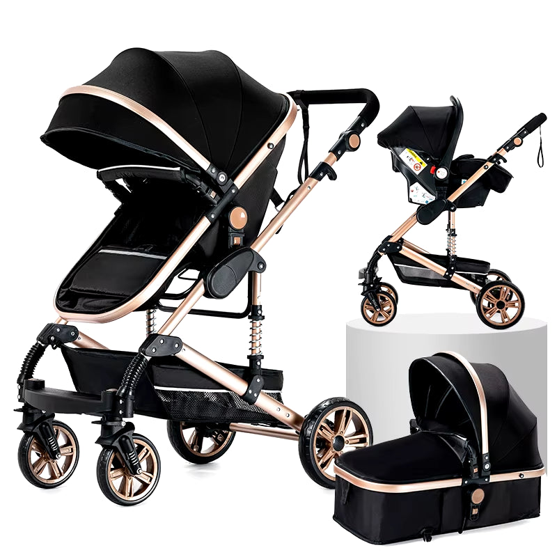 3 in 1 Stroller Baby Stroller Newborn Stroller High Quality Baby Carriage Senior Baby Portable Rubber Wheel PU Leather Parm