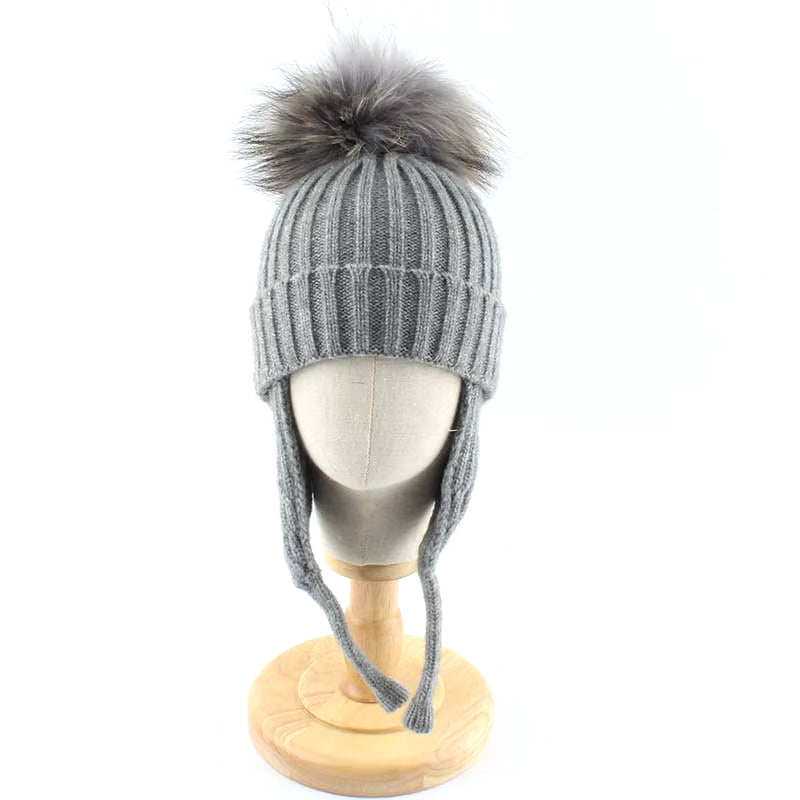 Kids Earflap Beanie Boy Girl Winter Wool Hat Real Fur Pompom Hat Warm Knitted Baby Hat Children Pompon Beanies Cap