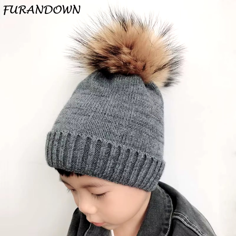 Baby Hat Soft Wool Beanie Real Fur Pompom Winter Hat for Children Girls Boys Warm Knitted Kids Hats New