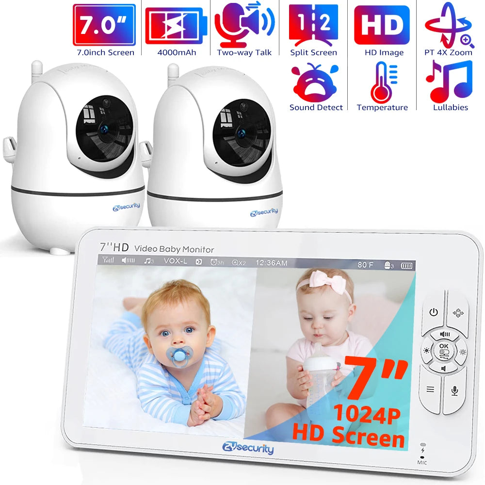 7.0 Inch Video Baby Monitor HD Split Screen with 2 Cameras Pan Tilt 4X Zoom 2 Way Audio Night Vision No Wifi 4000Mah Battery