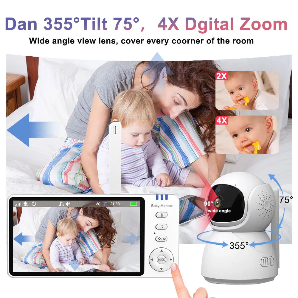 5" 720P HD IPS Screen Video Baby Monitor Pan Tilt 4X Zoom Camera Babysitter 2 Way Audio Night Vision 3500Mah Battery Lullaby VOX