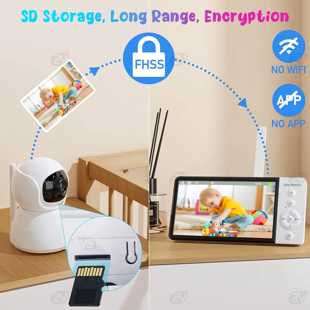 5"HD Baby Monitor with Camera 5000Mah Battery IPS Screen Babyphone Nanny PTZ Camera Babysitter 2-Way Audio VOX Lullaby SD Card