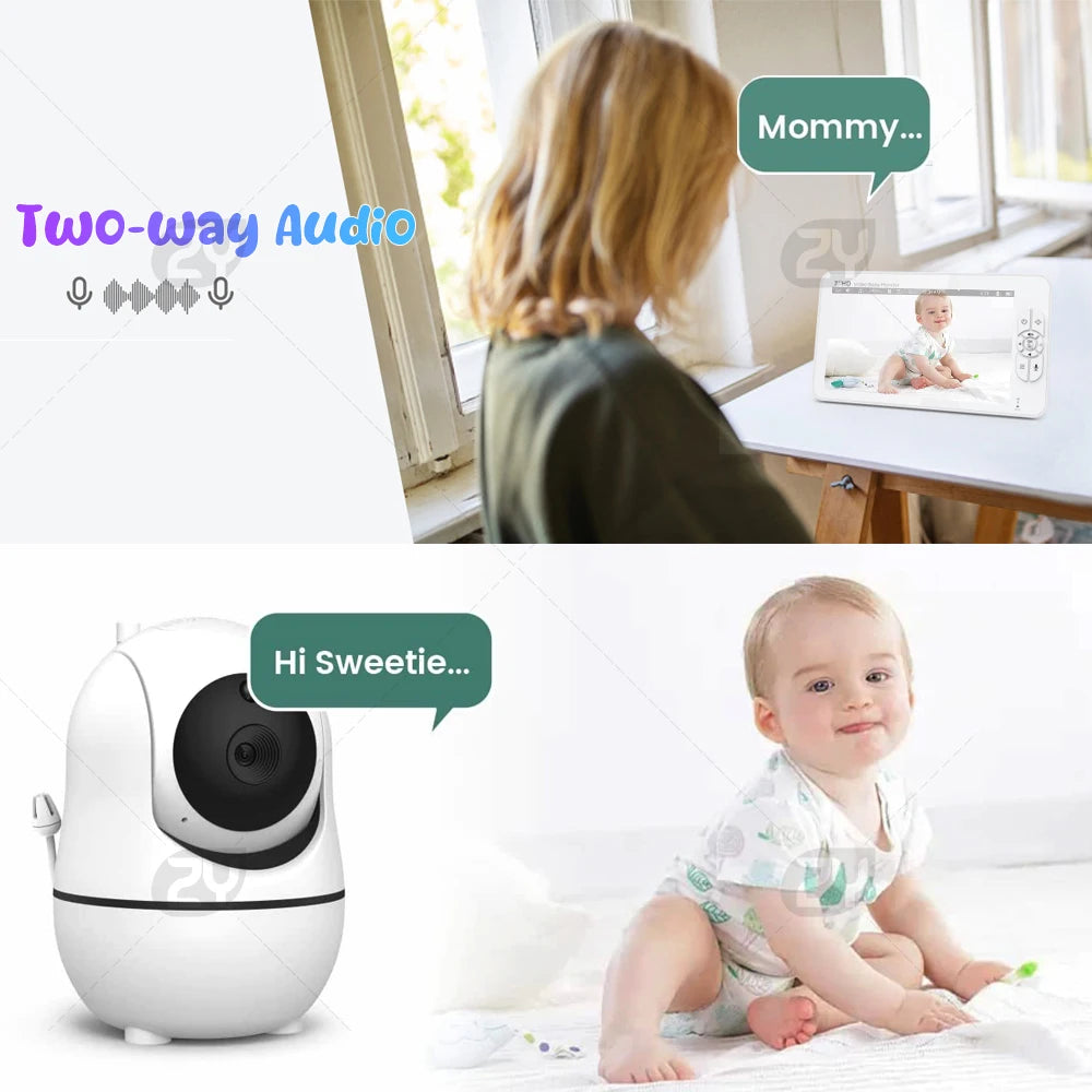 7" 720P HD Split Screen Video Baby Monitor Pan Tilt 4X Zoom Camera 2 Way Audio Night Vision No Wifi 4000Mah Battery Lullaby VOX