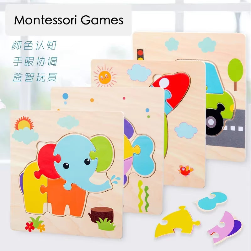 Montessori Games Baby Toys Animals Traffic Kids 3D Puzzles Wooden Cartoon Cognition Puzzle Toy Matching Educational Game Gift