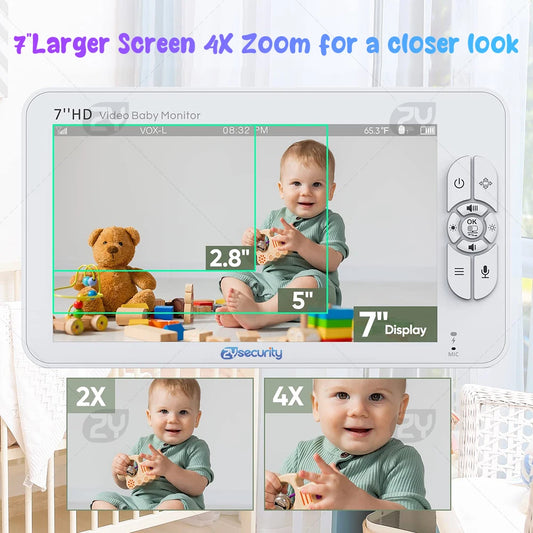 7" 720P HD Split Screen Video Baby Monitor Pan Tilt 4X Zoom Camera 2 Way Audio Night Vision No Wifi 4000Mah Battery Lullaby VOX