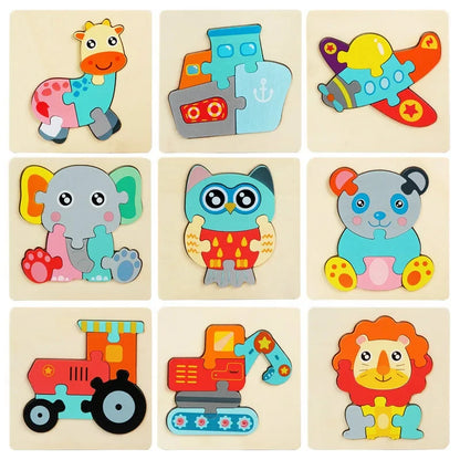 3D Wooden Puzzle Baby Toys Montessori Cartoon Animals Kids Puzzle Baby Game Jigsaw Puzzle Educational Toys for Babies