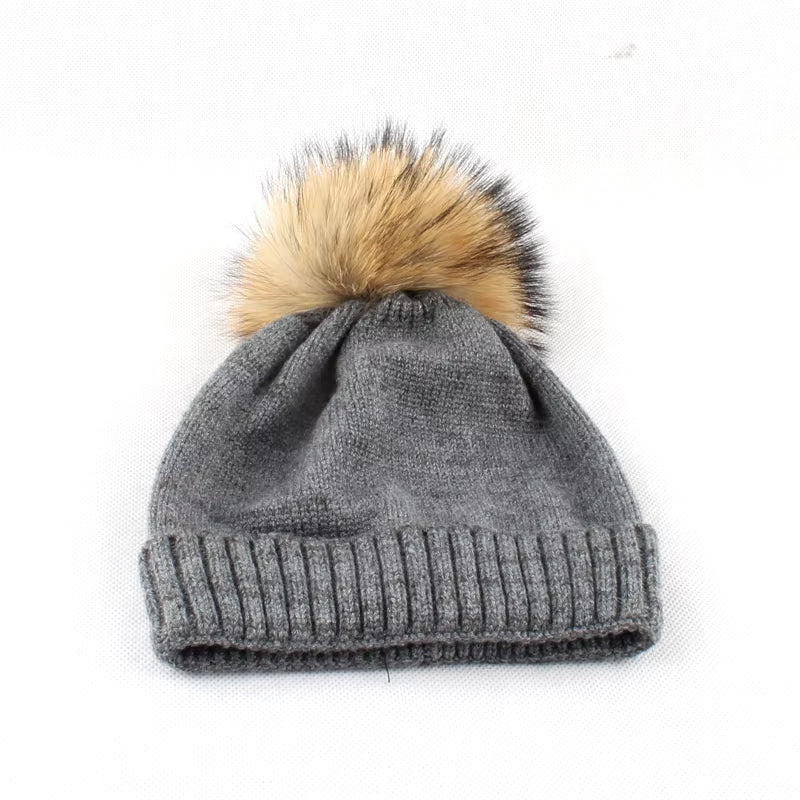 Baby Hat Soft Wool Beanie Real Fur Pompom Winter Hat for Children Girls Boys Warm Knitted Kids Hats New