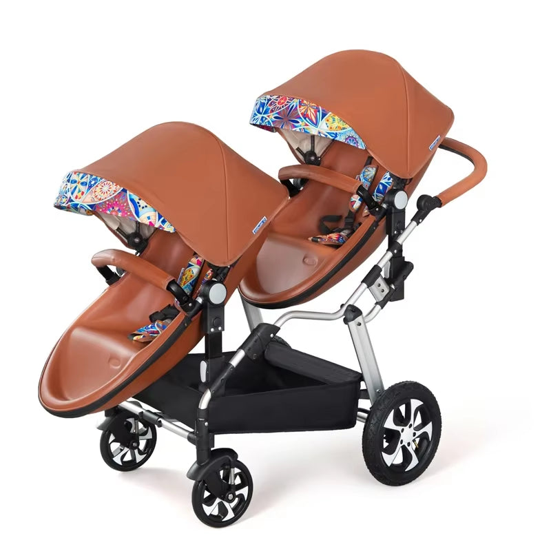 2024 New Twin Baby Strollers,Eggshel Double Baby Strollers,Luxury Leather Baby Carriage,Portable Folding Double Newborn Pram