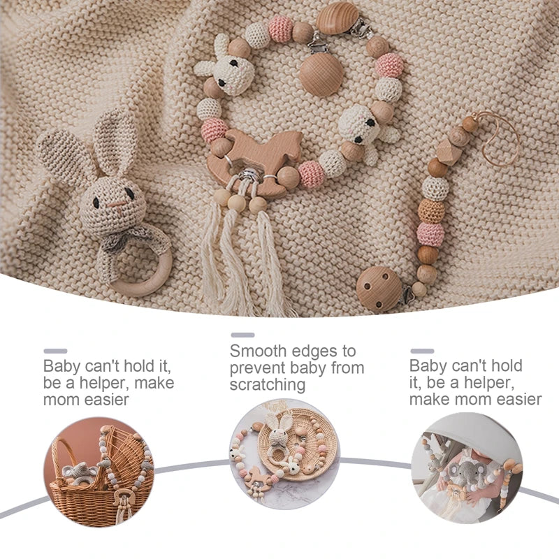 1Set Baby Toys Wood Pram Clip Crochet Elephant Dummy Soother Chain Clip Animal Teething Bracelet Crib Mobile Stroller Toys Gifts