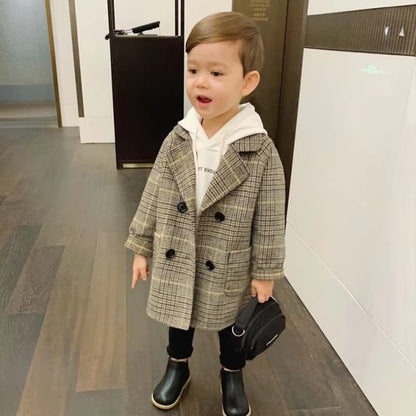 Kids Winter Grid Jackets Baby Boy Trench Coat Lapel Autumn Kids Outerwear Coats Wool Coat Overcoat