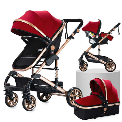 3 in 1 Stroller Baby Stroller Newborn Stroller High Quality Baby Carriage Senior Baby Portable Rubber Wheel PU Leather Parm