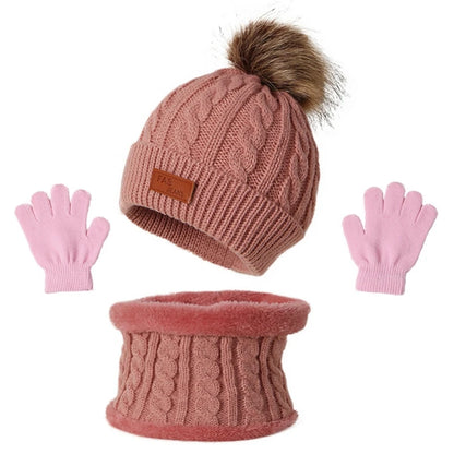 3 Pcs Winter Warm Baby Hat Gloves Scarf Set Thicken Solid Color Pompom Baby Bonnet Beanie Cap Boys Girls Mitten for 1-5Y Kids