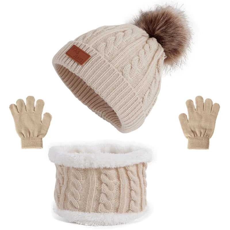 3 Pcs Winter Warm Baby Hat Gloves Scarf Set Thicken Solid Color Pompom Baby Bonnet Beanie Cap Boys Girls Mitten for 1-5Y Kids