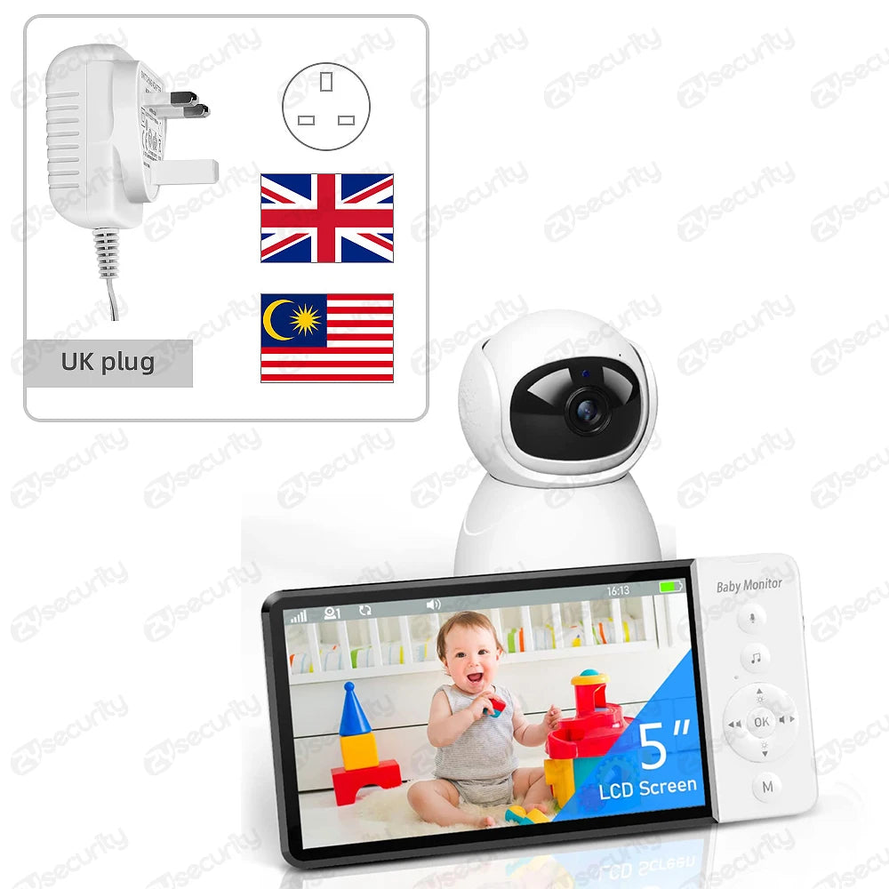 Video Baby Monitor with PTZ Nanny Camera 5"IPS Screen 5000Mah Battery Babyphone Night Vision 2-Way Audio Card Slot Babe Monitors