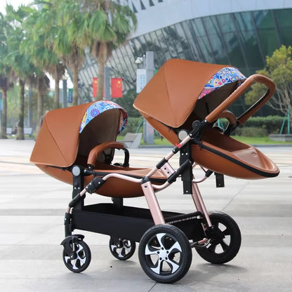 2024 New Twin Baby Strollers,Eggshel Double Baby Strollers,Luxury Leather Baby Carriage,Portable Folding Double Newborn Pram