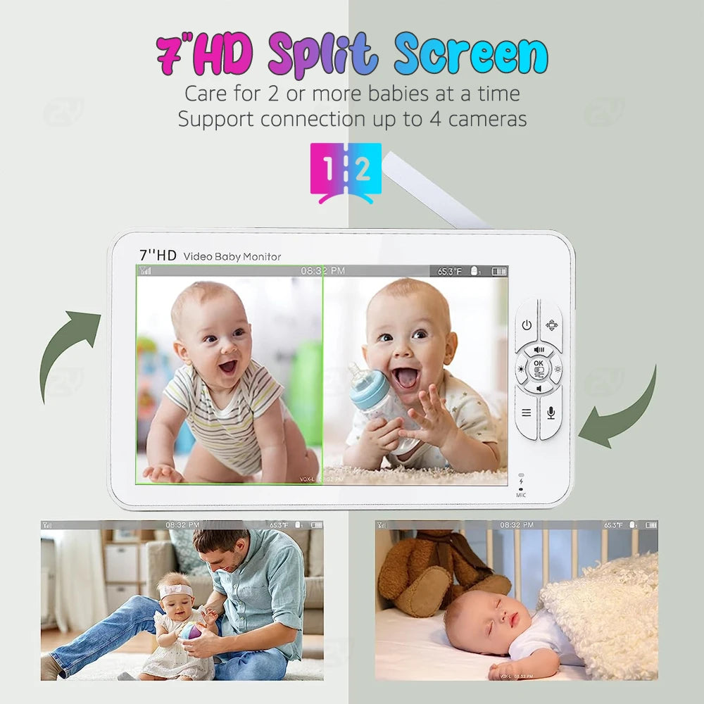 Baby Monitor with 2 Cameras,7" 720P HD Split Screen Video Baby Monitor,Ptz Baby Monitor with Camera and Audio,4000Mah Battery