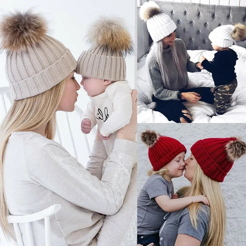 Mom and Baby Winter Wool Knitted Cap Beanie Hats Mother Boys Girls Pom Pom Beanie Caps