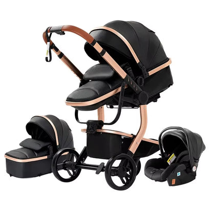 3 in 1 Stroller Baby Stroller Newborn Stroller High Quality Baby Carriage Senior Baby Portable Rubber Wheel PU Leather Parm