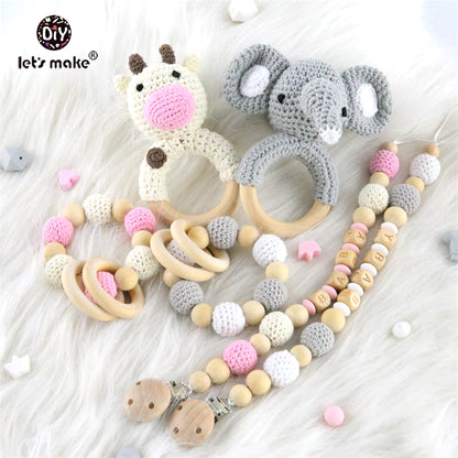 Baby Toys 1Set Crochet Amigurumi Elephant Owl Rattle Bell Custom Newborn Pacifier Clip Montessori Toy Educational Baby Rattle