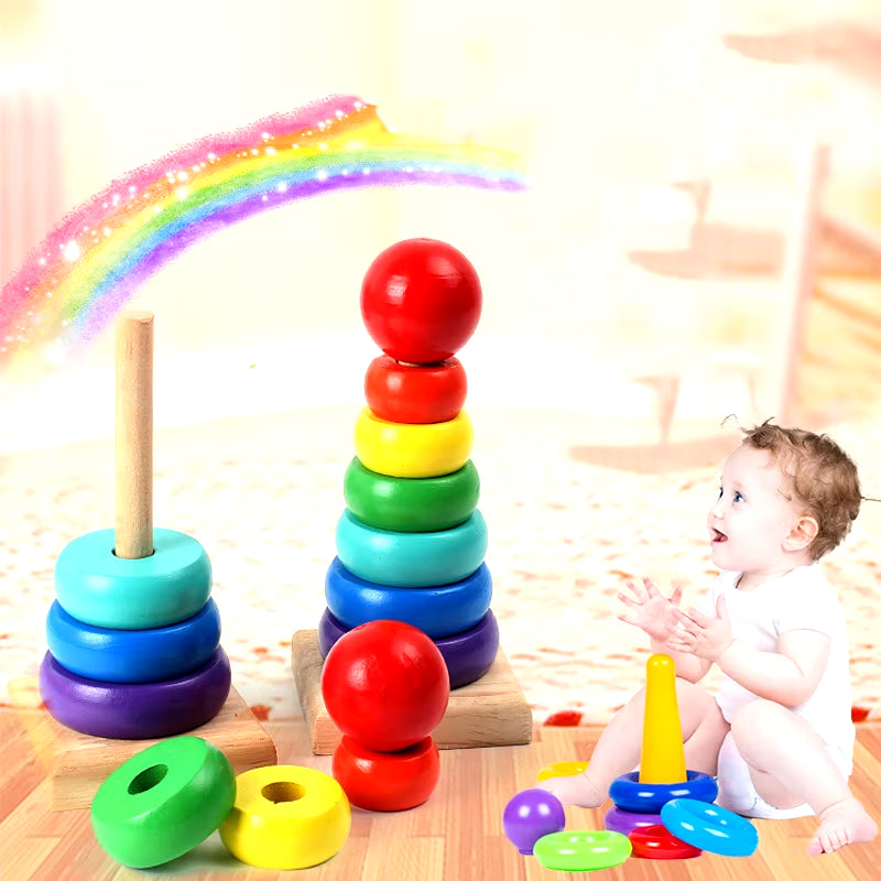 Baby Rainbow Tower Stacking Toys Montessori Wooden Colorful Stacking Puzzle Ring Early Educational Teaching Aids Baby Toys Gifts