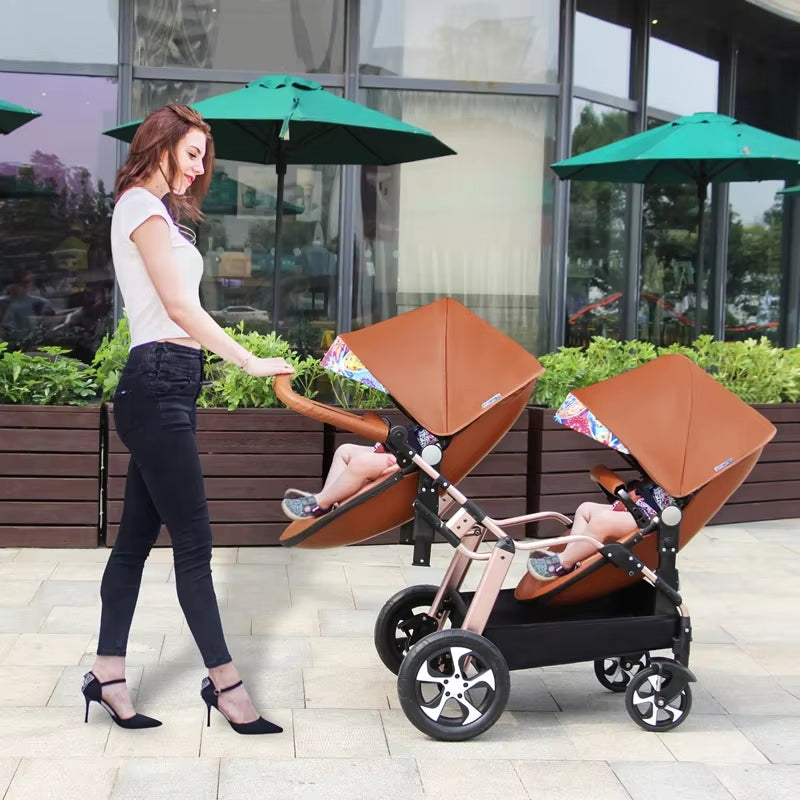 2024 New Twin Baby Strollers,Eggshel Double Baby Strollers,Luxury Leather Baby Carriage,Portable Folding Double Newborn Pram