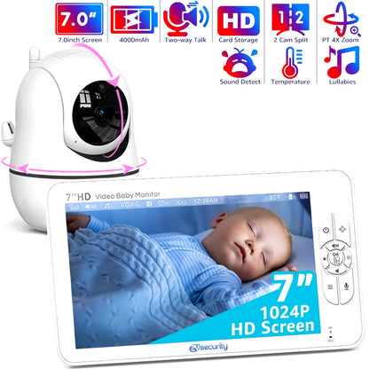 7" 720P HD Split Screen Video Baby Monitor Pan Tilt 4X Zoom Camera 2 Way Audio Night Vision No Wifi 4000Mah Battery Lullaby VOX