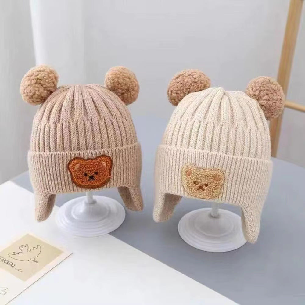 Winter Baby Beanie Cap Cartoon Bear Ear Protection Knitted Hat for Toddler Boys Girls Cute Korean Warm Kids Crochet Hats