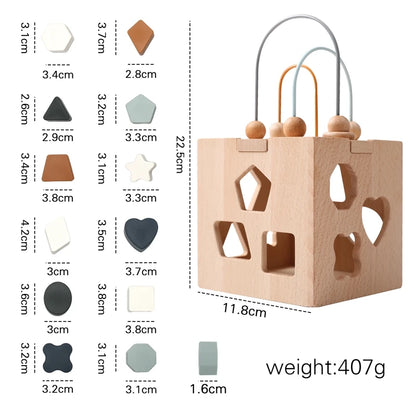 Wooden Box Toy Silicone Geometric Shape Blocks Shape Matching Toys for Toddler Baby Montessori Puzzle Education Stacking Game