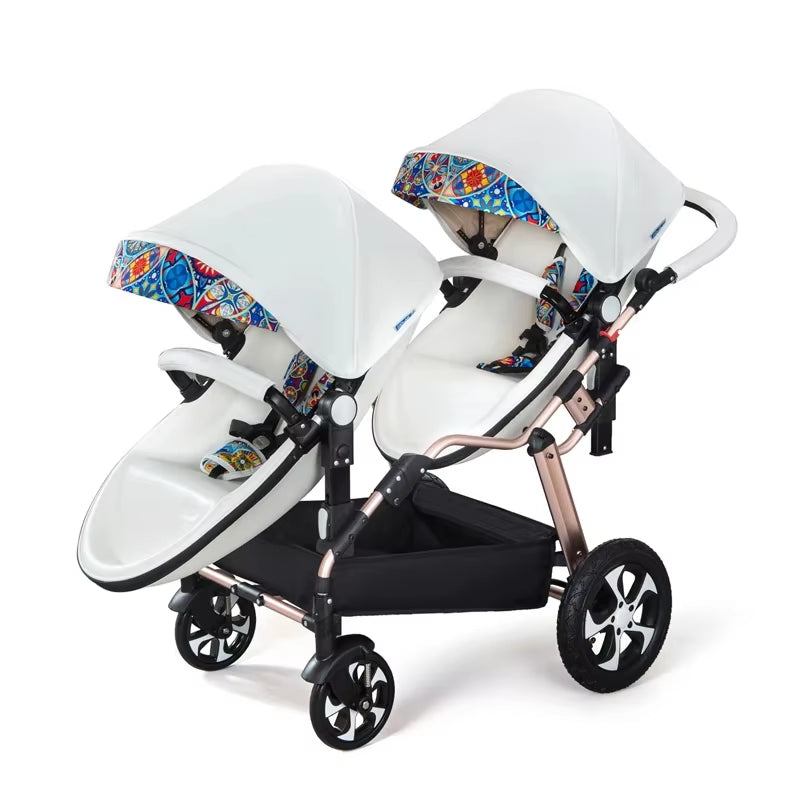 2024 New Twin Baby Strollers,Eggshel Double Baby Strollers,Luxury Leather Baby Carriage,Portable Folding Double Newborn Pram