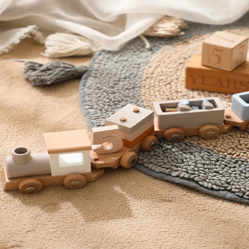 Wooden Train Birthday Toy Montessori Toys Baby Educational Toys Wooden Trolley Baby Learning Toys Number of Wood Baby'S Toys