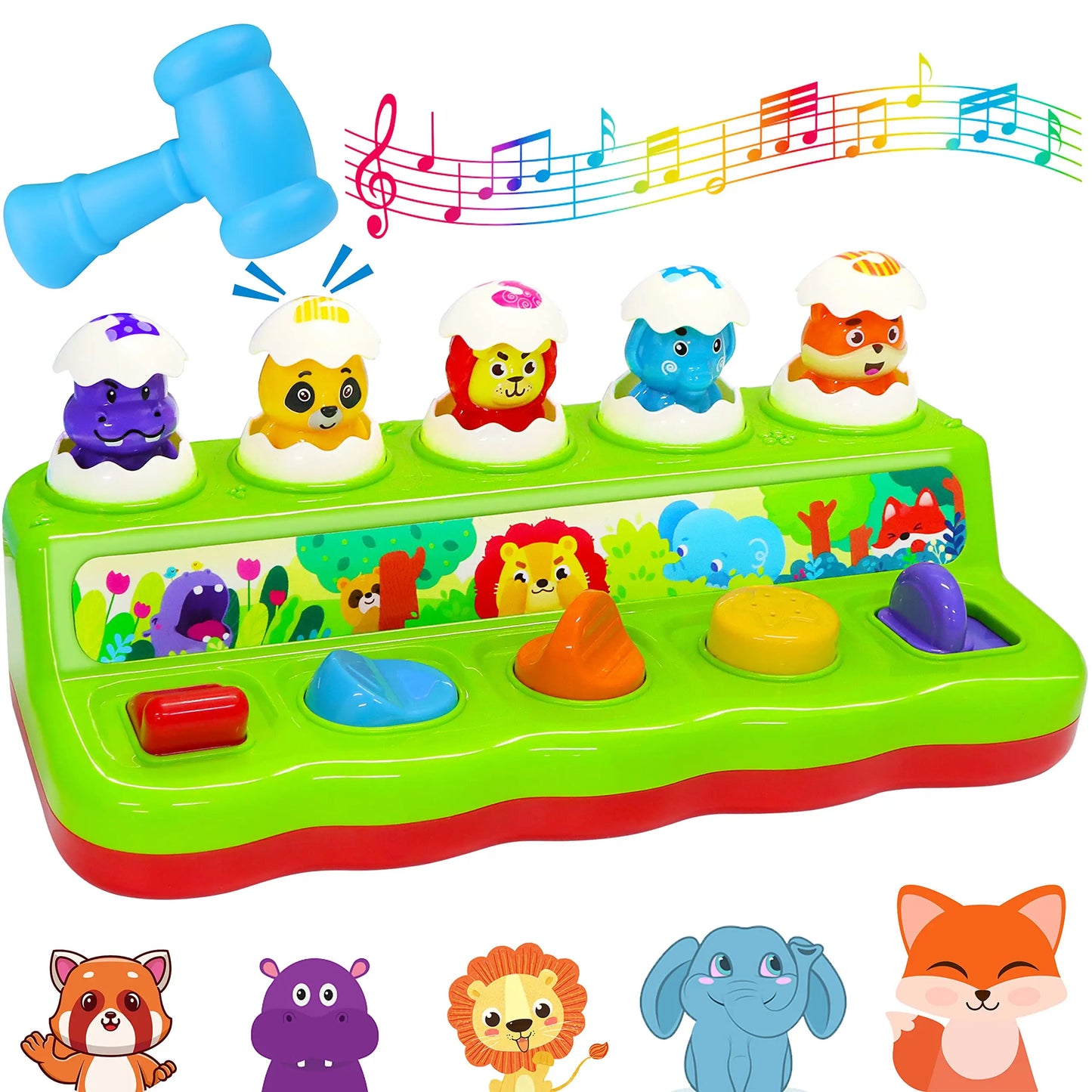 Interactive Pop-Up Animals Toy with Music & Light,Animal Sound,Hammer, Montessori Cause and Effect Toys for 12-18 Months 9+ Mont